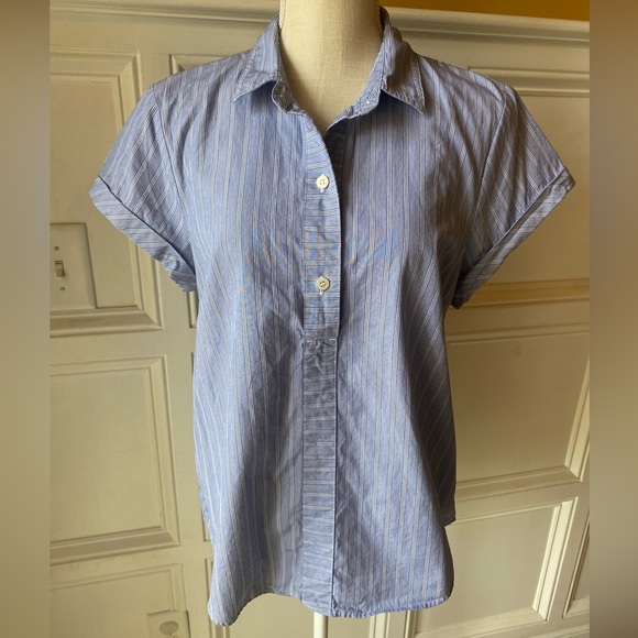 J. Crew Tops - ❌SOLD❌ J CREW LARGE BLUE WHITE STRIPED BUTTON UP ROLL SLEEVE COTTON
